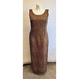VTG Virgo II Leopard Cheetah Print Sheer Overlay Sheath Maxi Dress Size 14